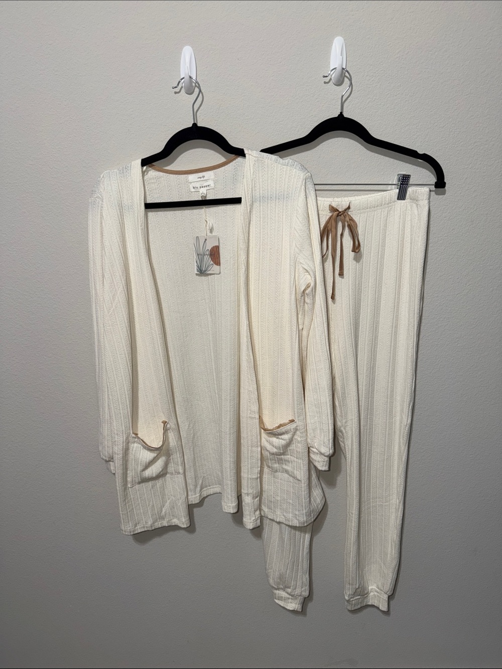 Blu Pepper Cream Ribbed Knit Lounge Cardigan & Drawstring Pants